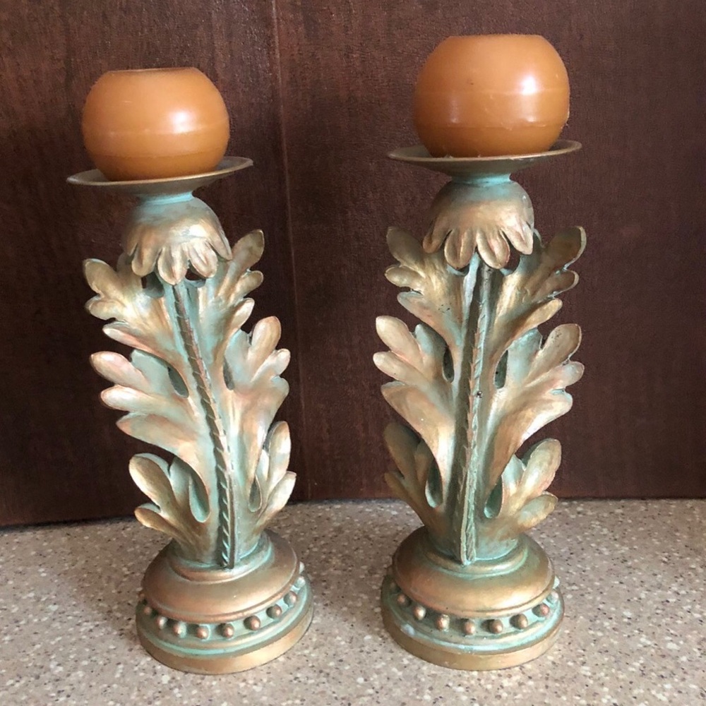 Century Modern Set Leaf Shaped Pillar/Taper Candle Holder 9.75”